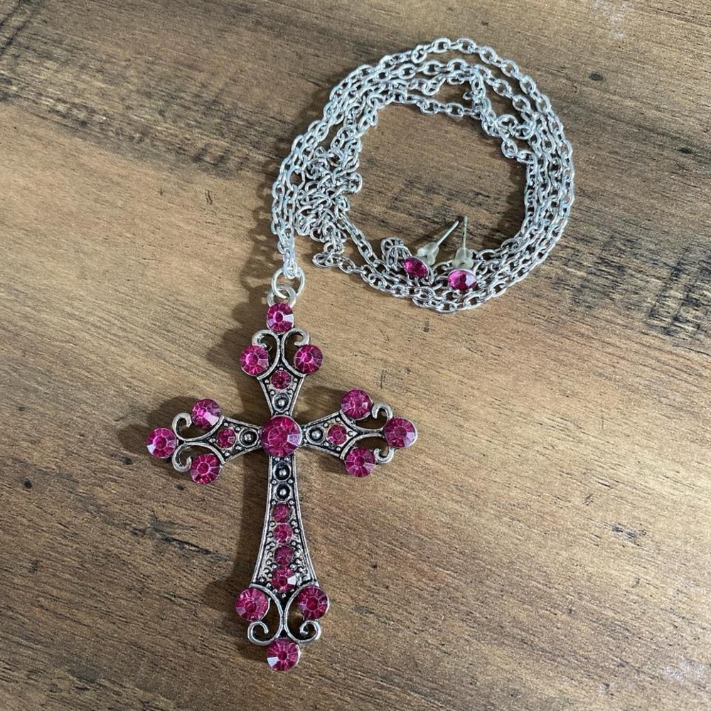 Silver and Pink Gemstone Cross Necklace